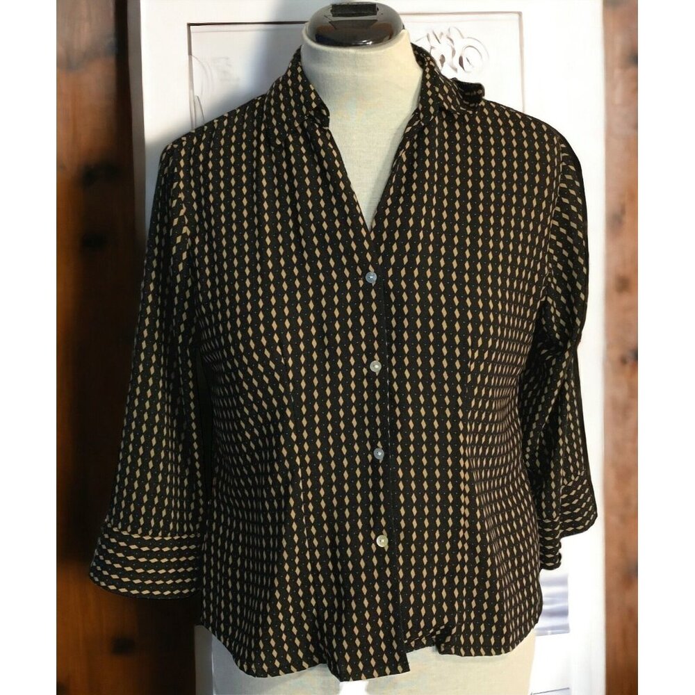 Piano Womens Blouse Size Medium Black Gold Diamond Pattern Shirt Long Sleeve